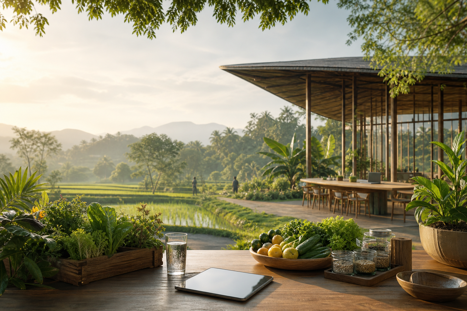 Green fields, fresh produce, and a community workspace in warm morning light