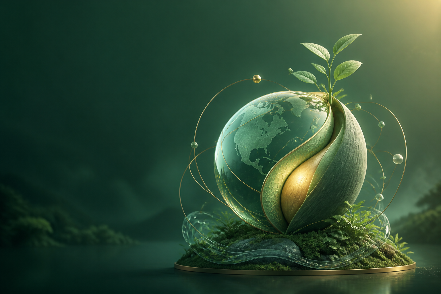 A glowing seed-shaped globe with a new plant growing from it